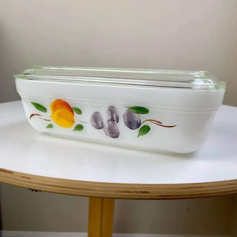 Vintage 1950's Fire King Gay Fad Hand Painted Fruit Refrigerator Dish with Lid